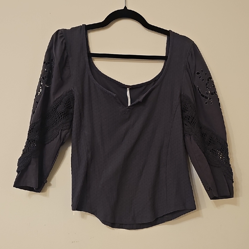 Free People Charcoal Blouse with Lace Sleeves